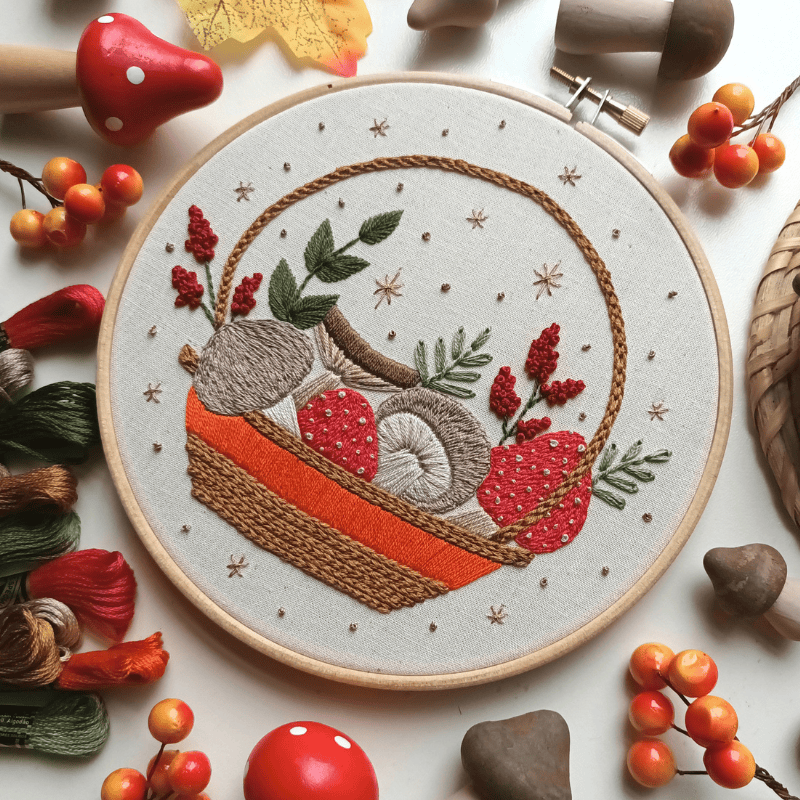 DIY embroidery kit for beginners - Mushroom basket