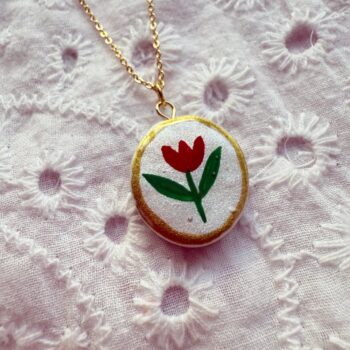 Hand Painted Red Tulip Oval Charm Necklace