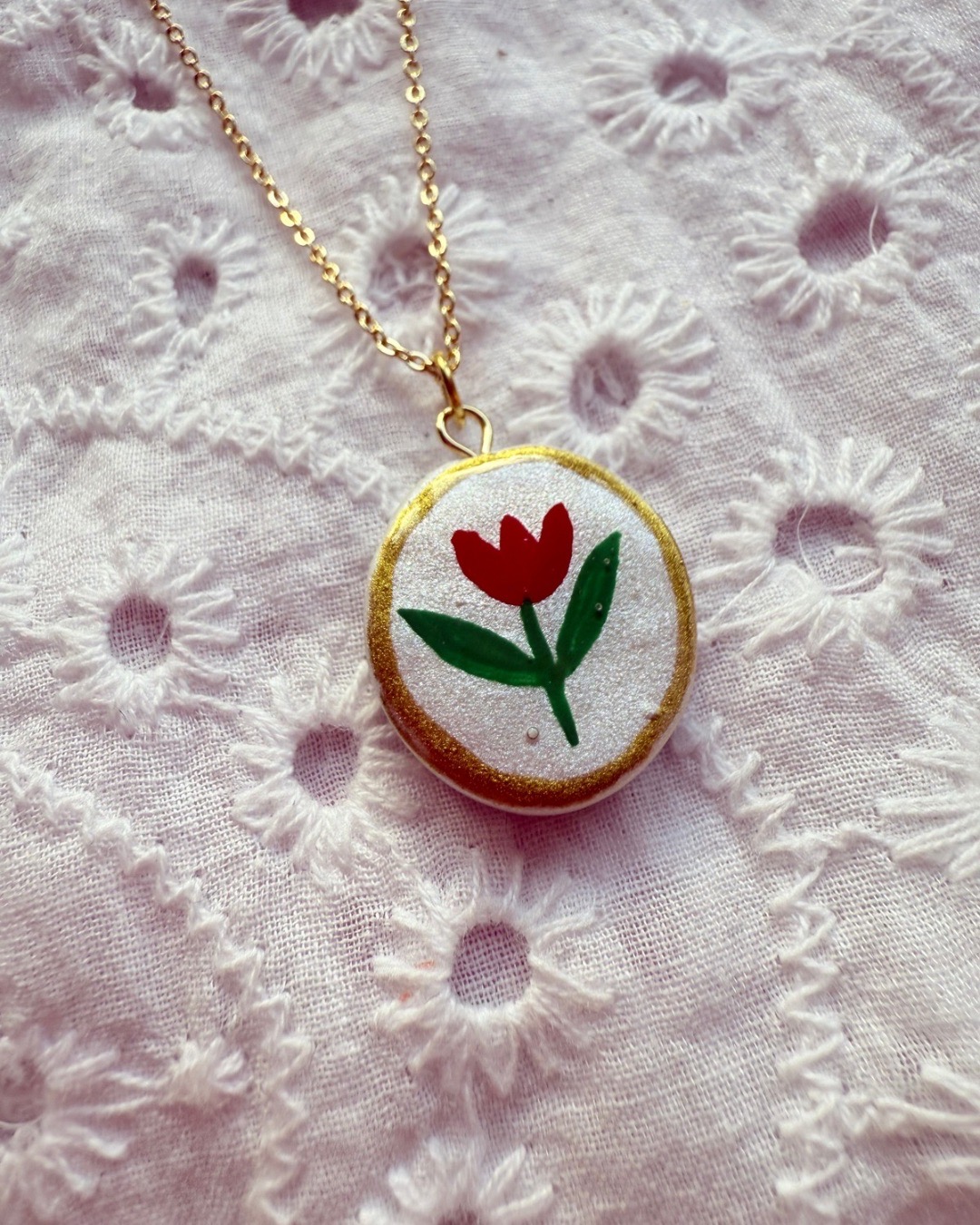 Hand Painted Red Tulip Oval Charm Necklace