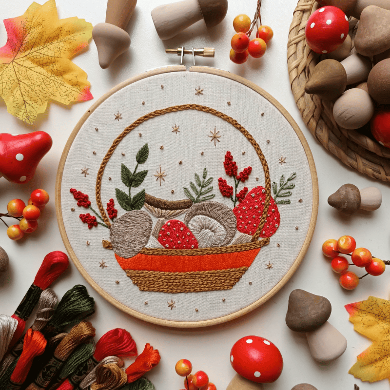DIY embroidery kit for beginners - Mushroom basket