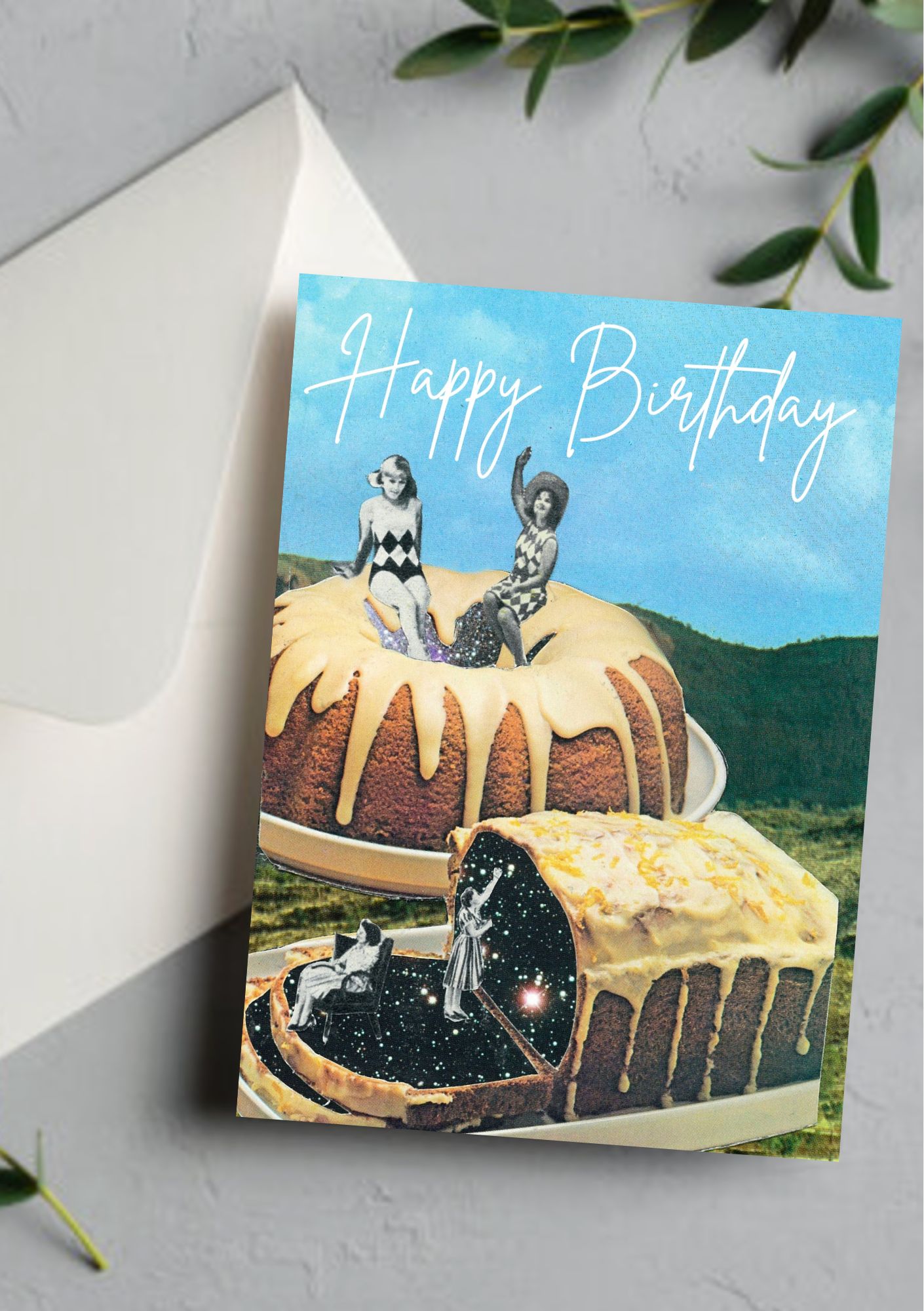 A unique, colourful birthday card by Assez Collage, originally assembled using vintage, recycled and found materials.`