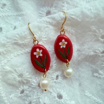 Red Oval Daisy Floral Pearl Drop Earrings